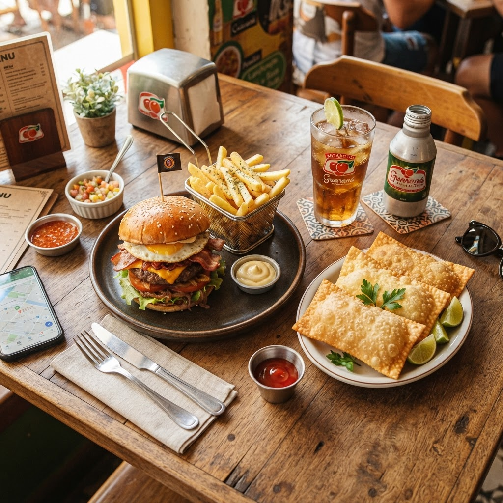 Lanche artesanal com batata frita e refrigerante em uma mesa de madeira